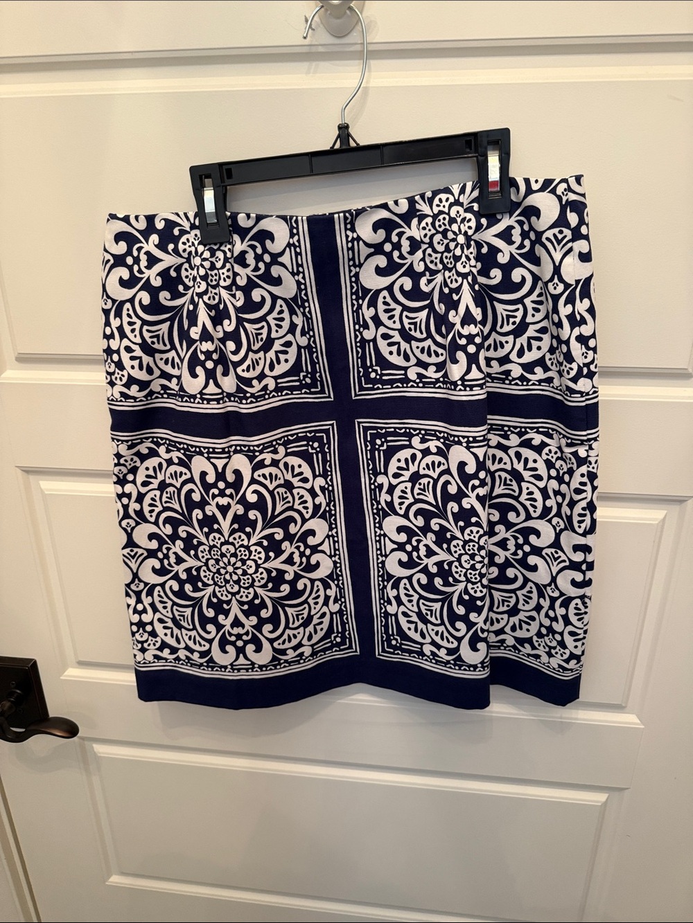 Navy and White Printed Pencil Skirt Talbots- side concealed zipper